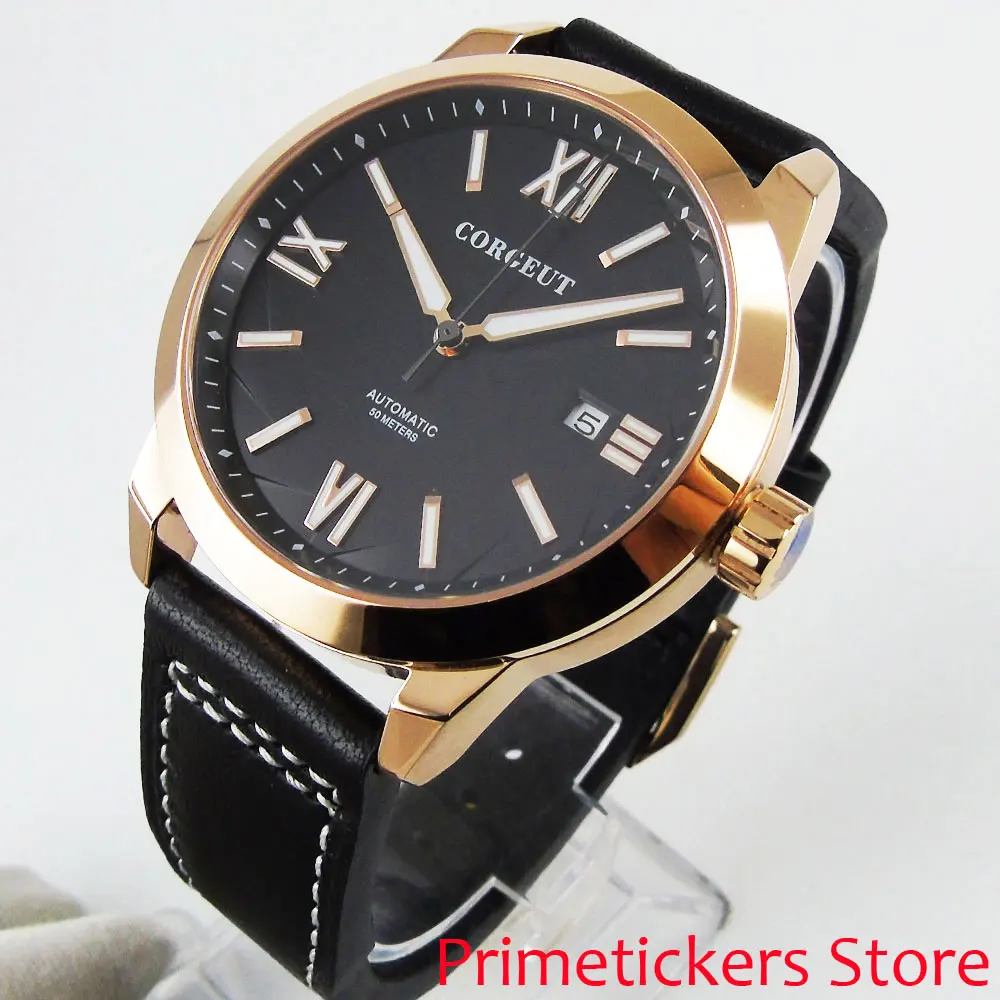 

Roman Numerals 41mm Golden Plated Case/Stainless Steel Case Sapphire Glass Date Automatic Mens Watch Luminous Black/Blue Dial