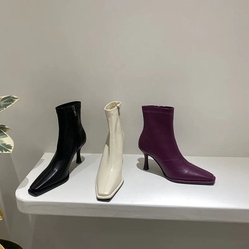 

Purple/Beige/Black Women Ankle Boots Square Toe Stretch Booties Fashion Winter Thin High Heels Pumps Side Zipper Shoes Woman 39
