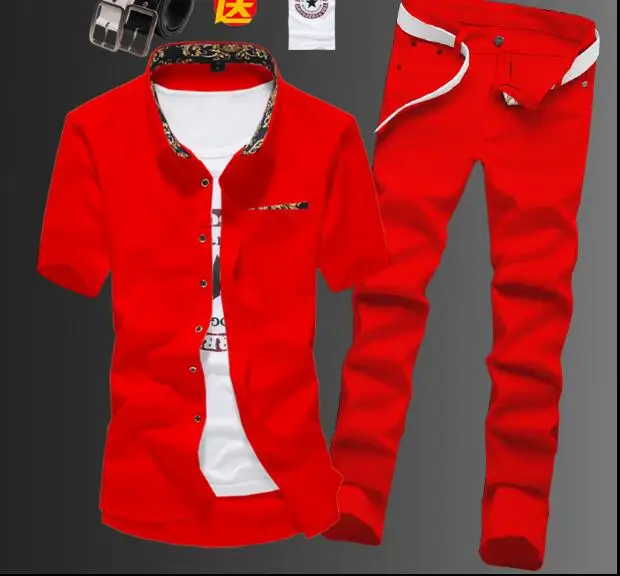 Весна и лето мужская Корейская тонкая рубашка с коротким рукавом джинсовые брюки