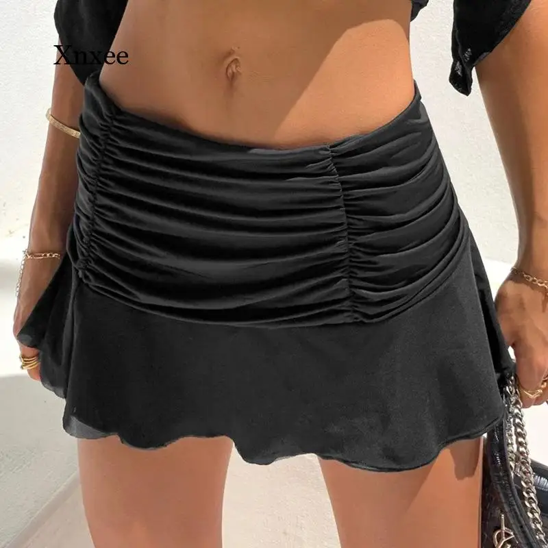 

Sexy Ruched Ruffle Mini Skirts 2021 New Summer Solid Y2K 90S High Waist Orange Black Short Pleated Swim Skirts Women Clothing