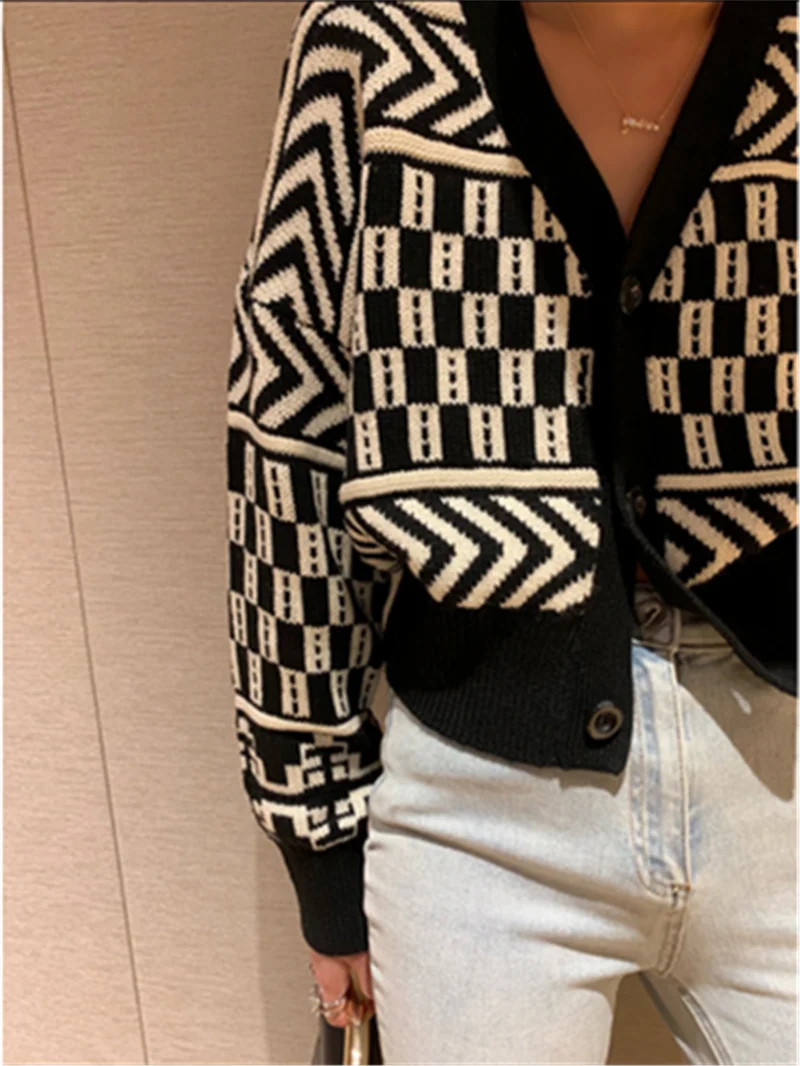 Винтажный геометрический вязаный кардиган женский модный осенне-зимний свитер