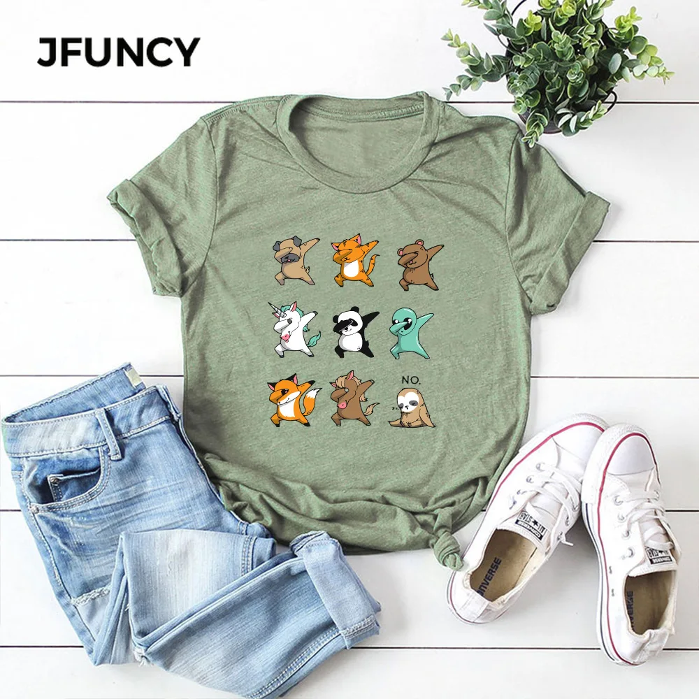 JFUNCY  100% Cotton Summer Tshirt Cartoon Animals Print Women T-Shirt Short Sleeve Woman Tee Tops Female T Shirt