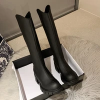 2021 new style nude boots ladies thick soled knee high boots round toe thick heel non slip party club casual womens boots shoes