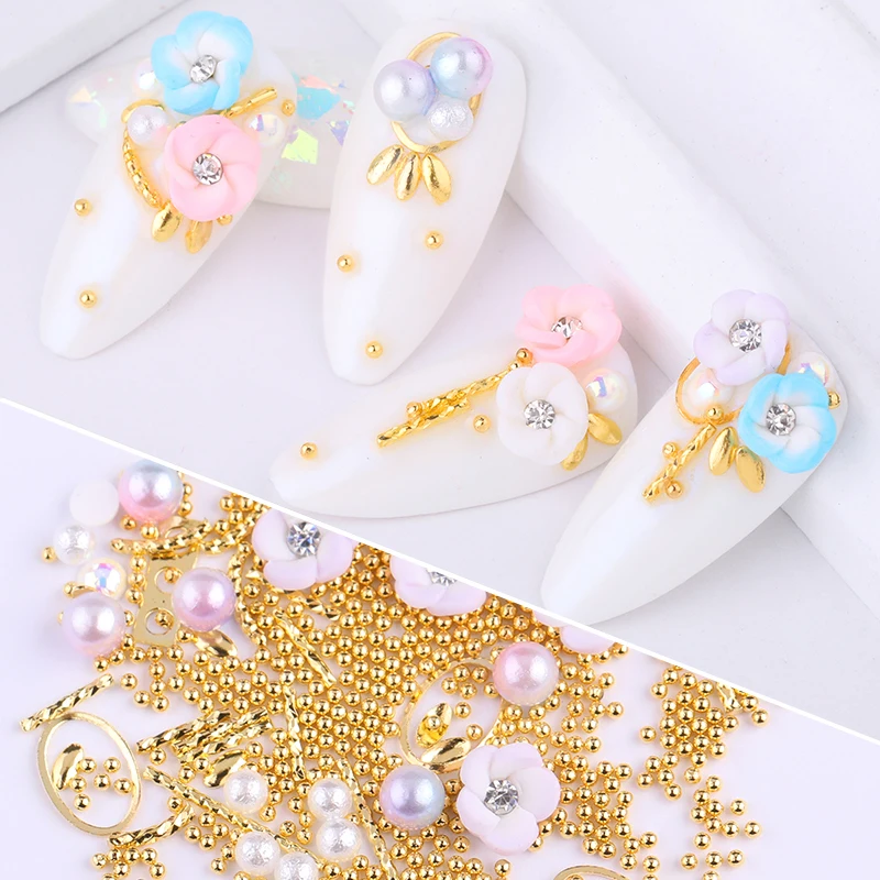 1 коробка для украшения ногтей 3D Металлические золотые бобы Красочные цветы