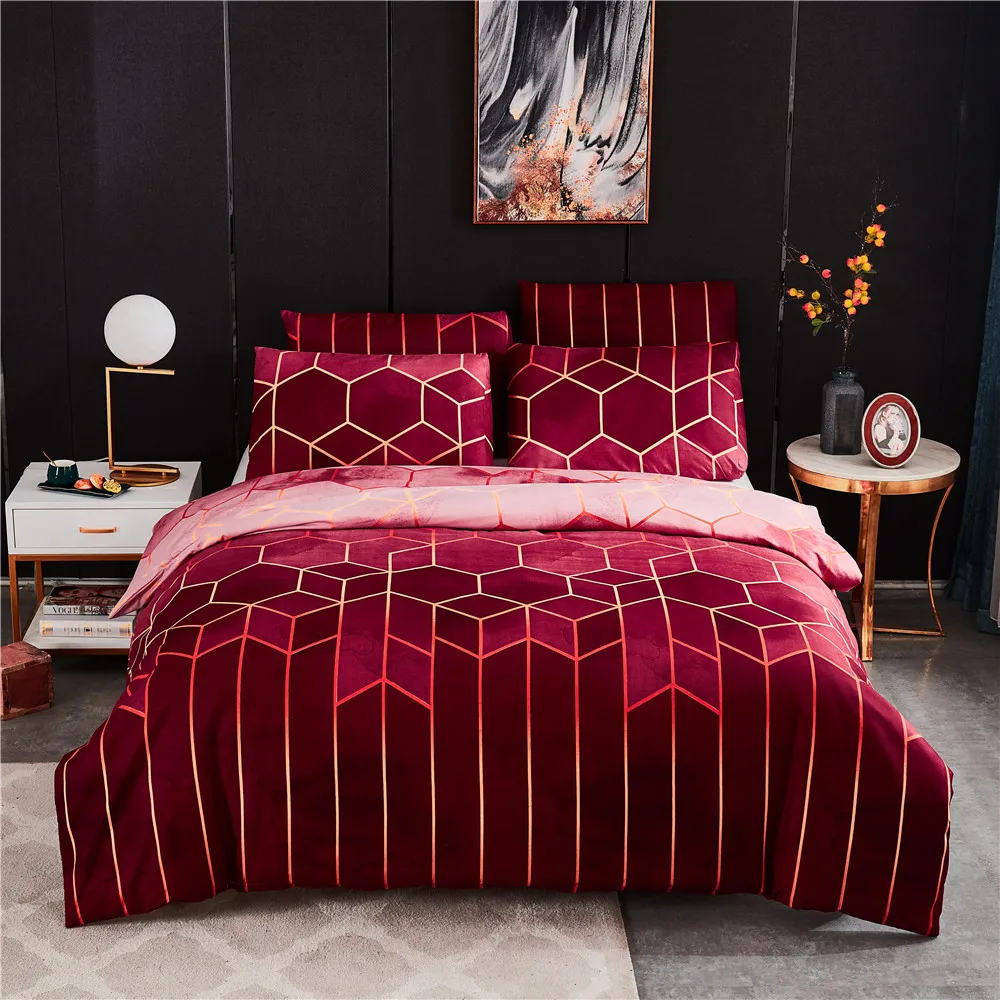 

12 Colors Bedding Rhombus Gilt Lines Geometric Elements Duvet Cover With Pillowcases Single Double Twin Queen Full King 240x220