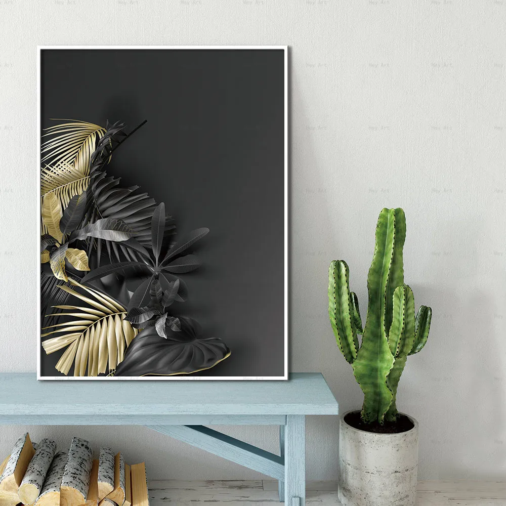 Постер в скандинавском стиле с изображением черных и золотых листьев растений