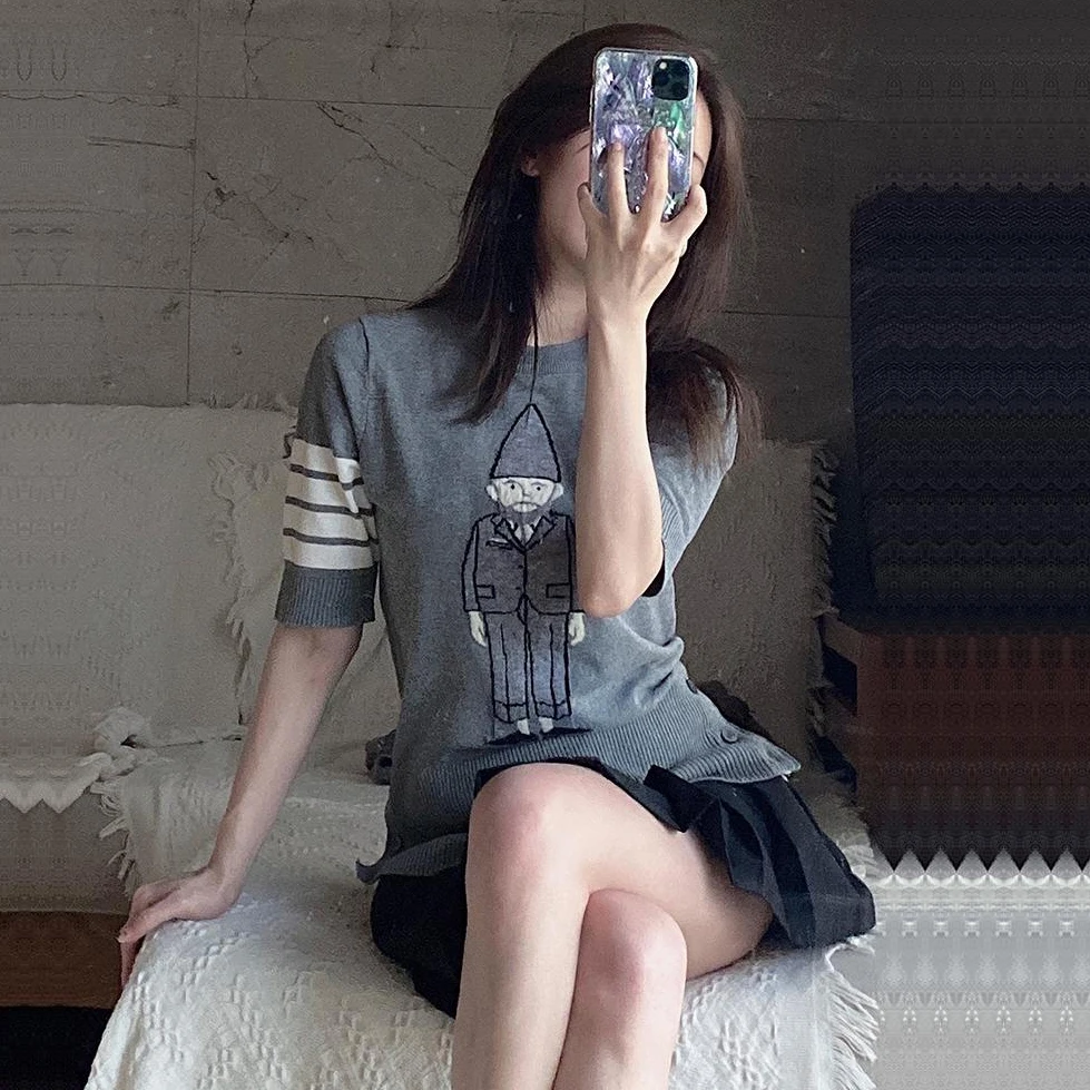 

Spring and Autumn French Short Sleeve Women's Sports Knitwear Round Neck Slim Thin Jacket Knitted T-shirt Striped Ladies Top