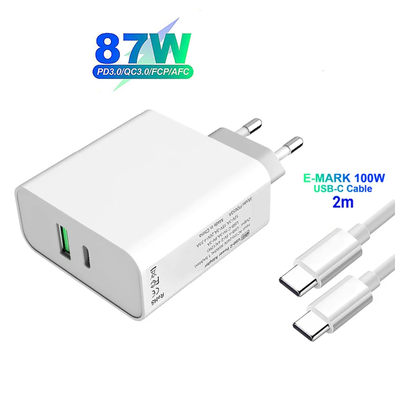 87W PD Type-C Fast Charging Adapter 2 Port Quick Charger For MacBook Pro/Air Lenovo Dell Nintendo Switch 2M E-mark USB-C Cable | Мобильные
