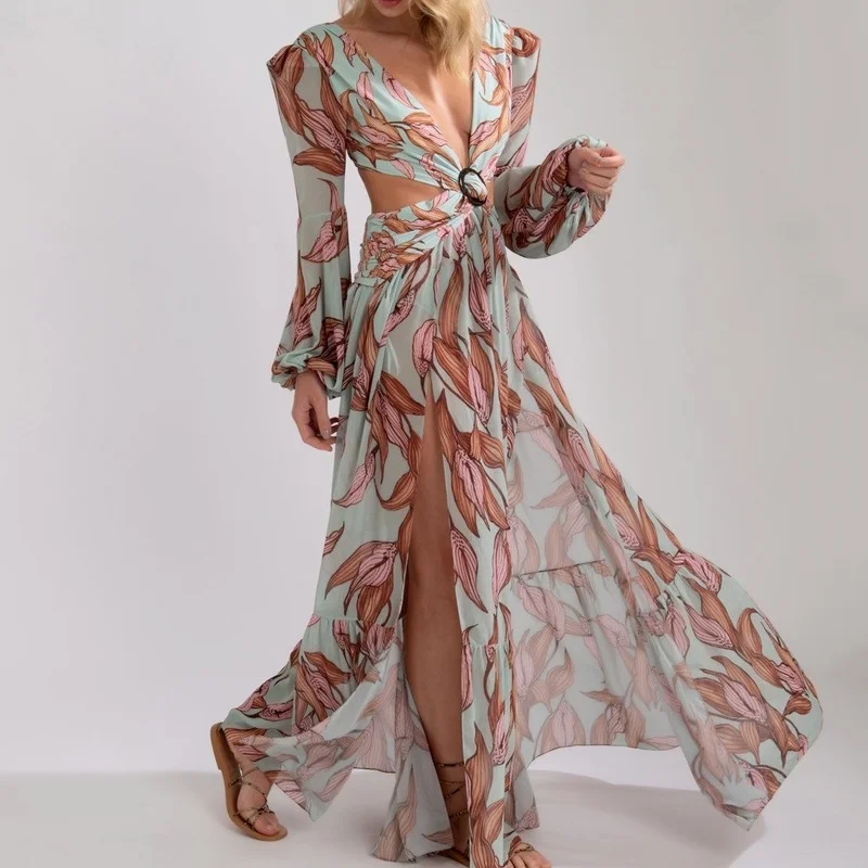 

Сексуальное длинное пляжное платье с вырезами, платье в стиле бохо с глубоким V-образным вырезом, женское весеннее праздничное платье с крас...