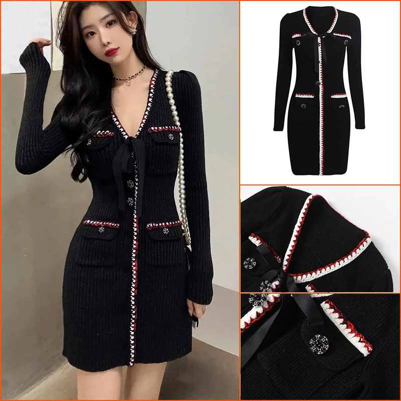 

Sp вязаное платье в стиле малого дизайна женское осенне-зимнее небольшое ароматное темпераментное французское среднее и длинное шерстяное ...