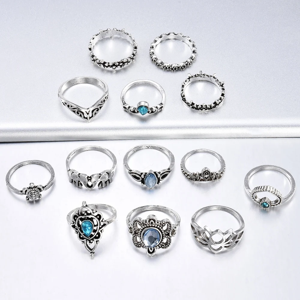 

2021 Ring Set Vintage 13 Pcs/set Bohemian Hollow Retro Crystal Flower Leaves Hollow Lotus Gem Women Wedding Jewerly