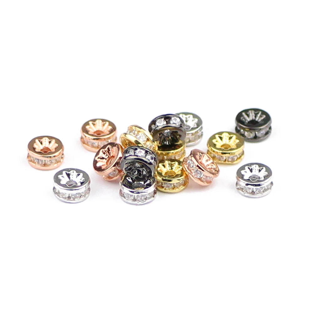 

YHBZRET Coin Copper Spacer beads 4pcs 6mm Pave CZ Crystal Charms metal flat Round Loose beads for Jewelry making bracelet DIY