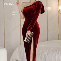 verngo burgundy velour mermaid evening party dresses one shoulder side slit floor length prom gowns celebrity formal dress