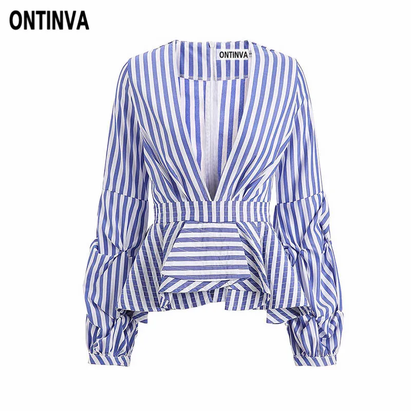 Сексуальный глубокий v образный вырез синий полосатый Blusas 5XL размера плюс женский