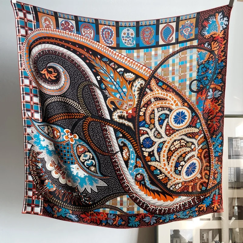 

22mm Heavy 100% Real Silk Scarf Wraps 2 Side Paisley Printing Women Luxury Large Square Head Scarves Hijab for Hair Wrapping 42“