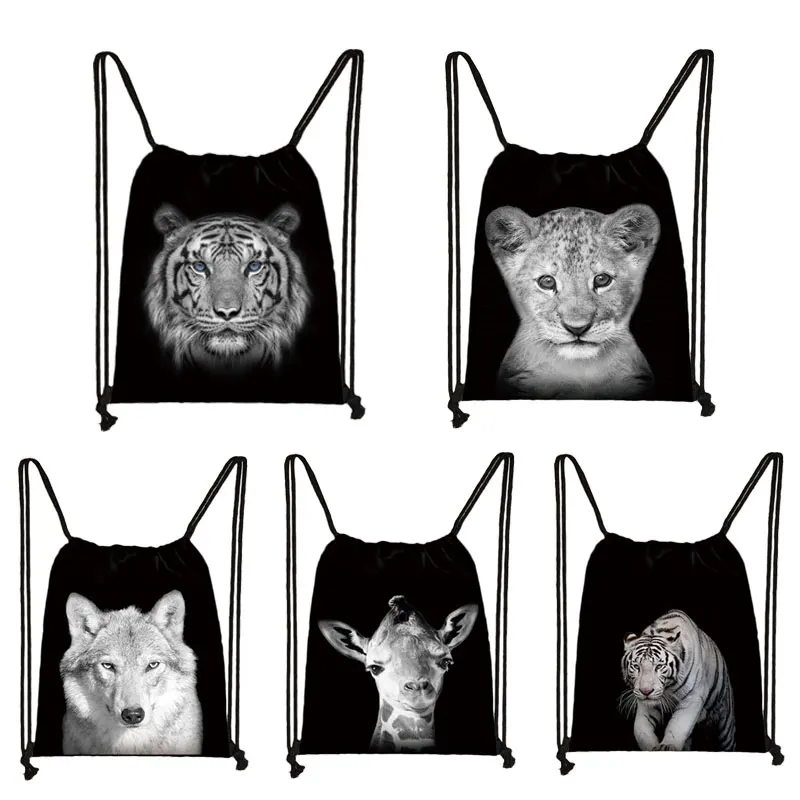 

Black White Wild Animals Print Drawstring Bag Men Storage Bags Boys Tiger Lion Wolf Backpack Teenager Travel Bag Bookbag