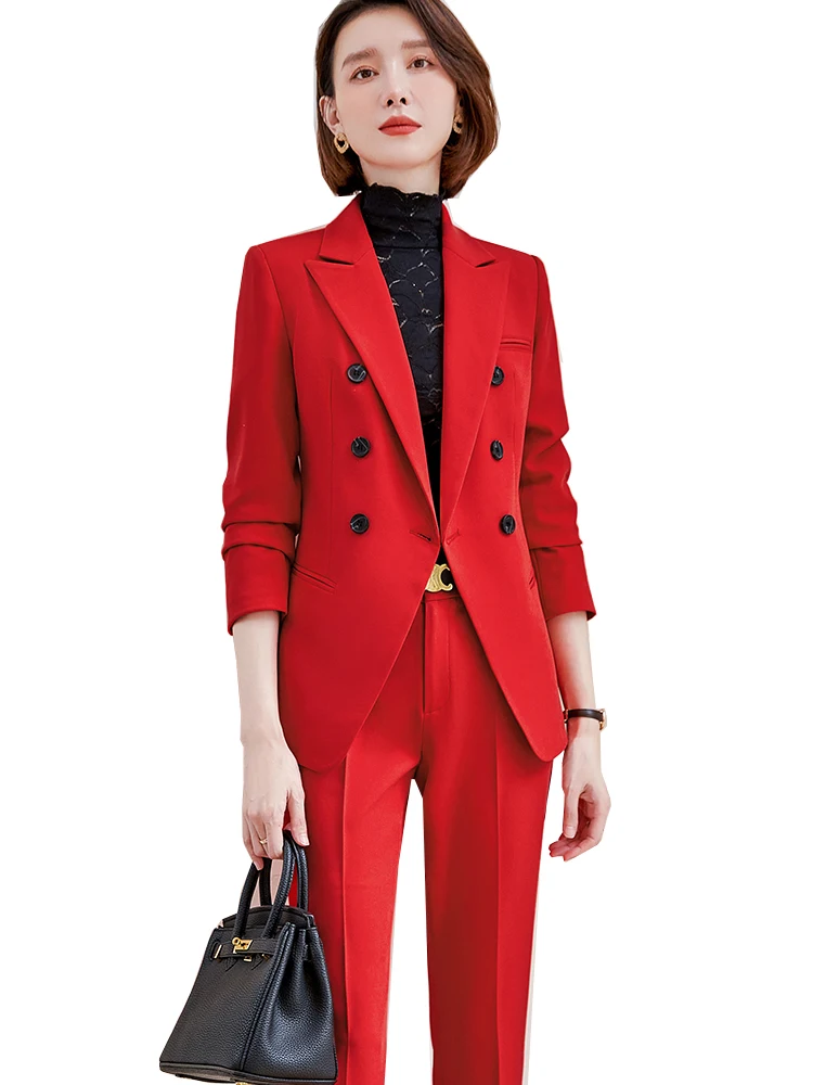 

Red Pink Gray Blue Black Women Office Ladies Pant Suit Formal Business Interview Work Wear Jacket And Trouser 2 Piece Set Blazer