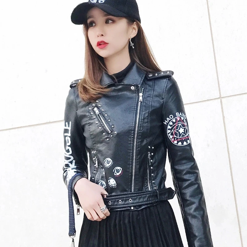 Punk Style Lapel Women's PU Leather Coat Epaulet Belt Printed Motorcycle Wear Faux Soft Leather Outerwear Rivet Short Jacket