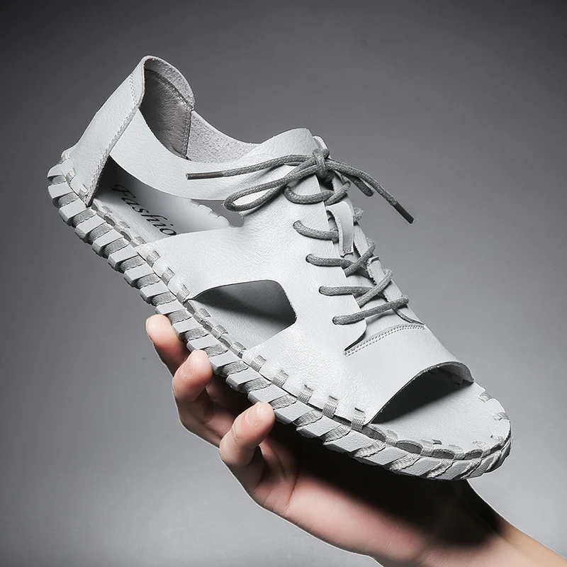 Кожаные мужские сандалии Удобная мужская летняя обувь черного цвета на плоской