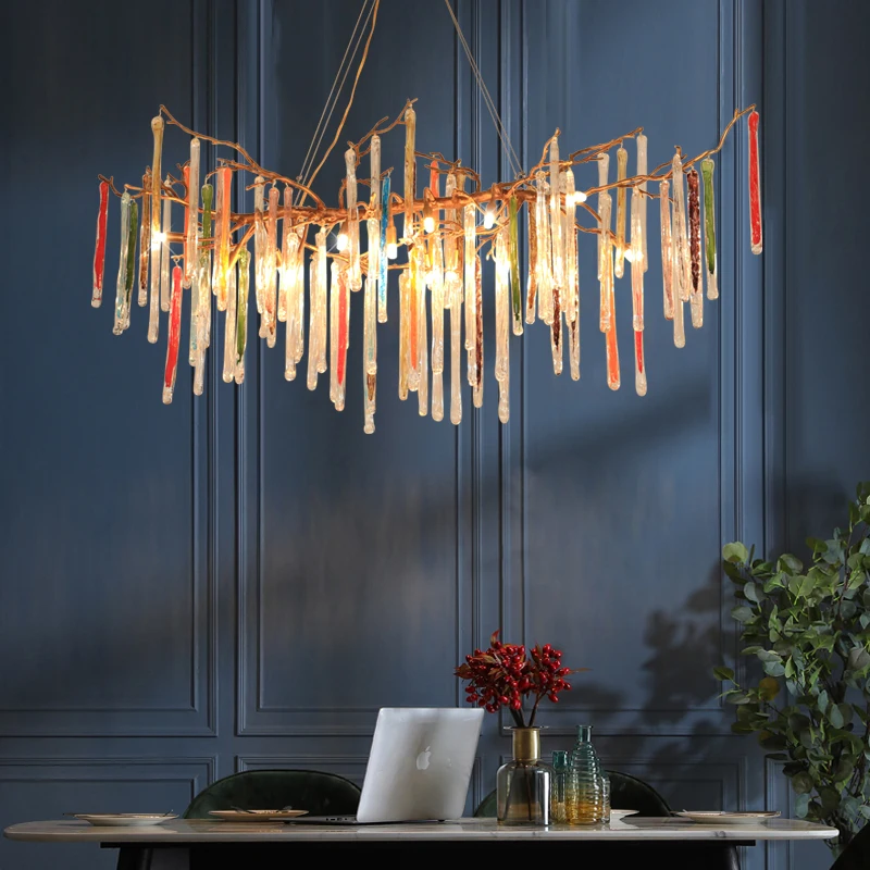 

Postmodern copper tree branch crystal glass chandelier creative light luxury rectangular bedroom living room dining room lamp