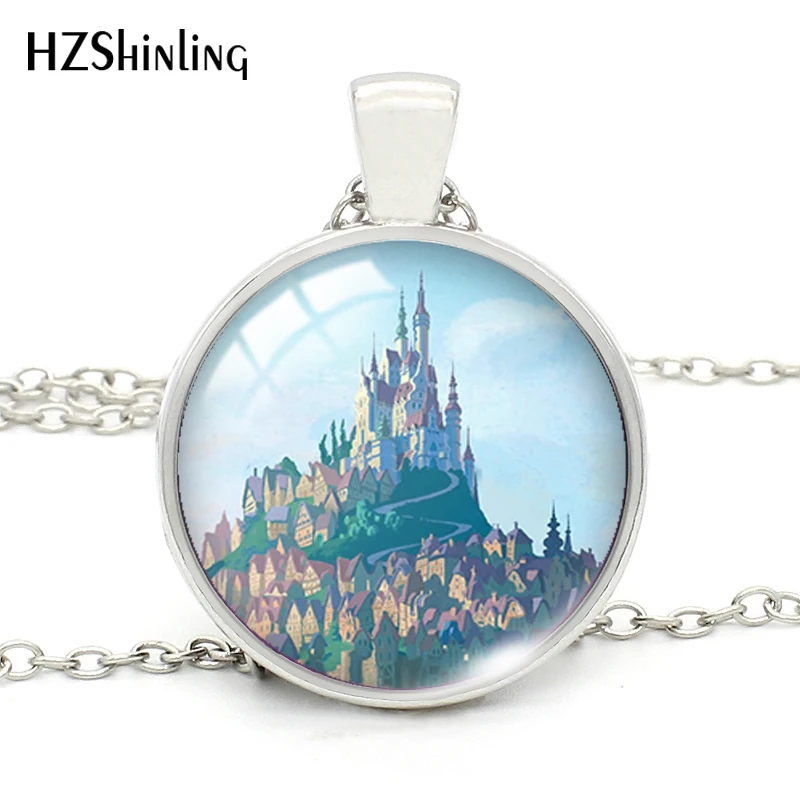 

Castle Pattern Round Glass Cabochon Pendants Necklace Fashion Jewelry men women