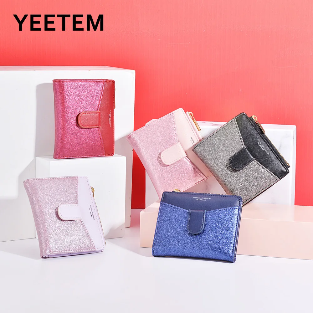 

New ladies pu wallets Korean sequins hit color stitching zipper buckle soft coin purse female short card holder