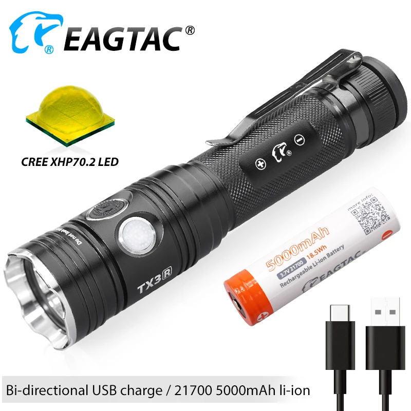 EAGTAC TX3V MKII USB Rechargeable LED Flashlight SST70 3650 Lumen 21700 Include Power Bank Tactical Torch Police Self Defense