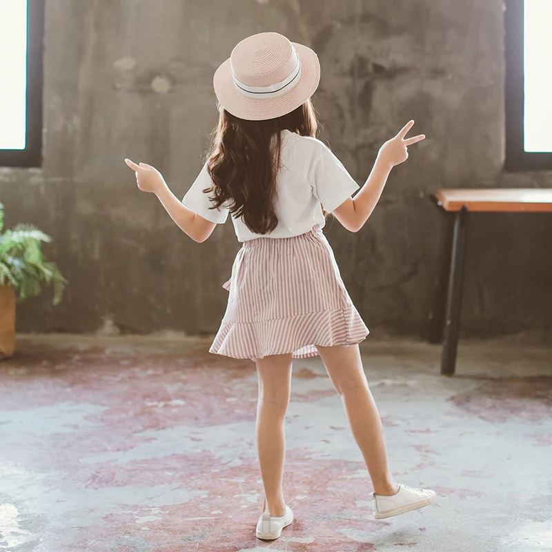 

New Big Kids Clothes Girls 4 To 16 Suits Korean Version Of Short-Sleeved Printed t-Shirt Tops Short Skirts 2pcs Sets White/Green