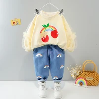 autumn baby girl clothes set cute lace puff sleeve outfits cartoon cherry sweater suit 2pcs toddler long sleeve shirt girl