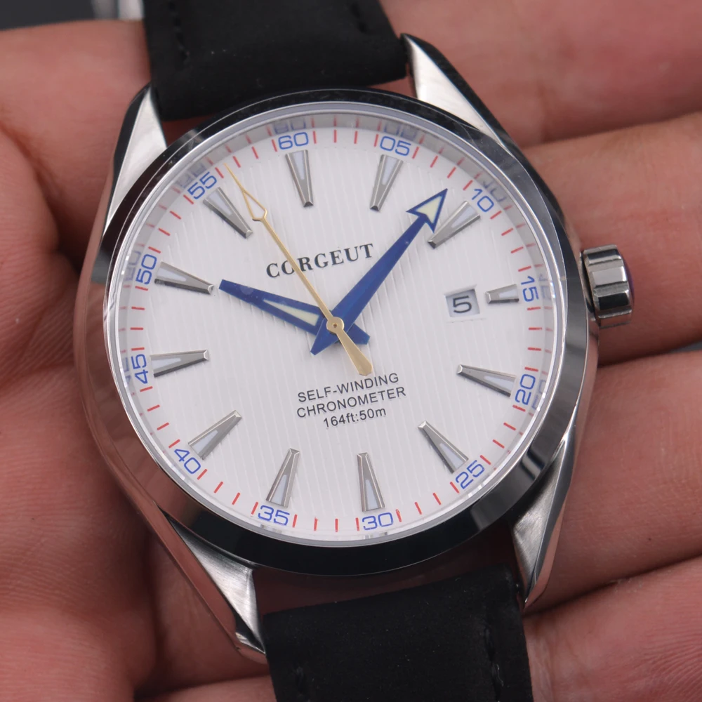 

Mens Watch 41mm Corgeut White Dial Date Calendar Miyota NH35 Automatic Mechanical Sapphire Crystal Wristwatch Luxury Top Brand
