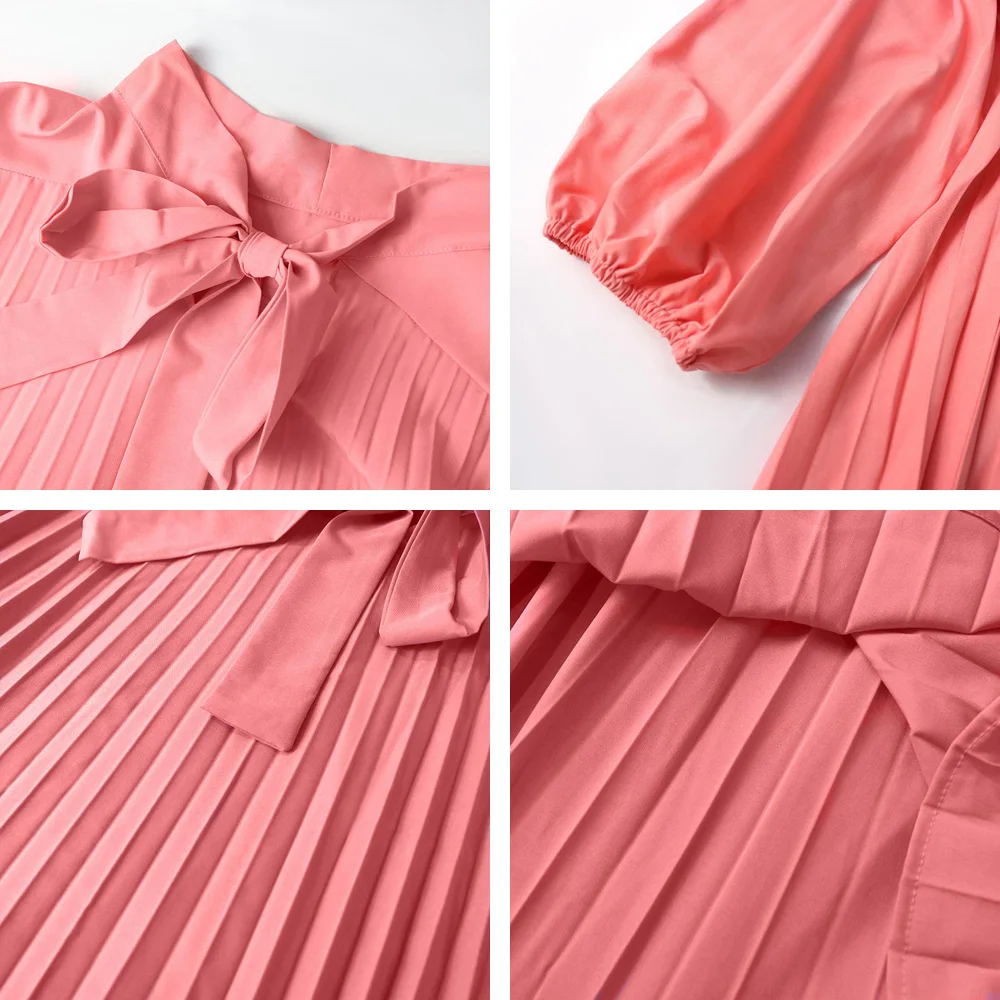 Женское офисное платье миди с бантом синее элегантное плиссированное