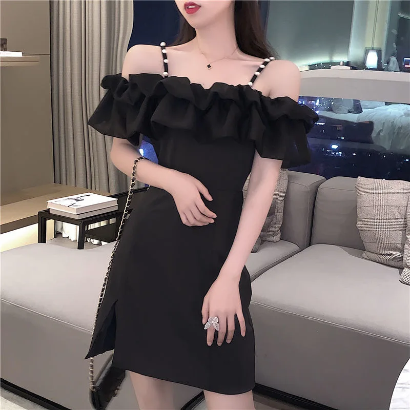 

Summer New Pearl Suspender Shoulder Lotus Leaf Edge Skirt Short Sleeve Short Skirt Split Hip Wrap Dress Women's Fashion
