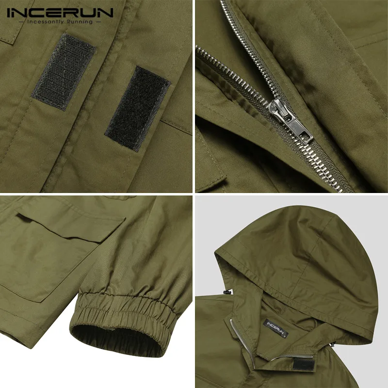 

Men Jackets 2021 Hooded Long Sleeve Streetwear Solid Multi Pockets Zipper Casual Coats Men Outdoor Outerwear Windbreaker INCERUN