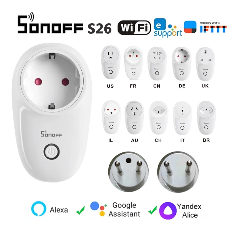 SONOFF S26 Plug EU/FR/UK/CH/BR/US/IT WiFi Smart Socket eWelink Home voice control For Alexa Google Yandex Alice | Электроника