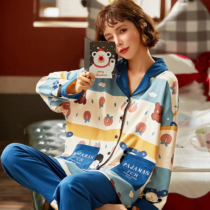 

Spring Autumn Oversize Cute Print Pajamas Suits 2PCs Women Long Sleeves Concise Cotton Sleepwear Cardigan Buttons