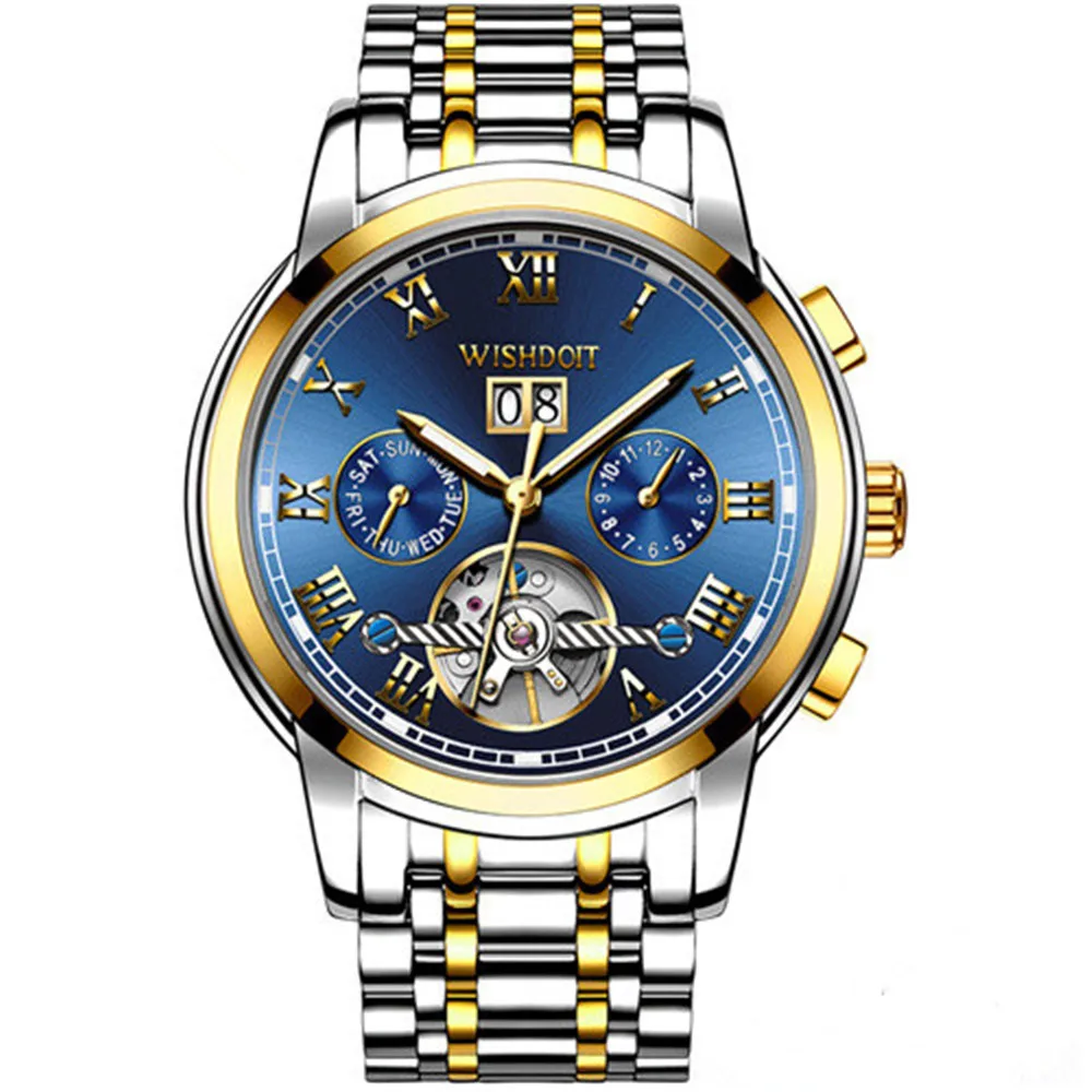 WISHDOIT Men's Top Brand Luxury Stainless Steel Wrist Watch Waterproof Automatic Mechanical Man Fashion Clock Relogio Masculino