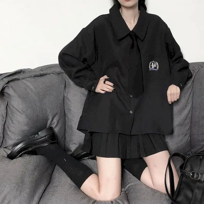 

Женский костюм из двух предметов, рубашка и плиссированная юбка, весна-осень 2022, корейская мода, студенческий свободный костюм с длинным рук...