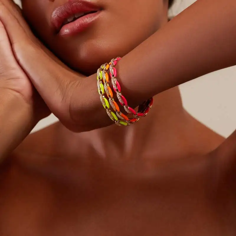 

Fashion Colorful Jewelry Neon Enamel Coffee Beaded Link Chain Rainbow Women Girl Bracelet