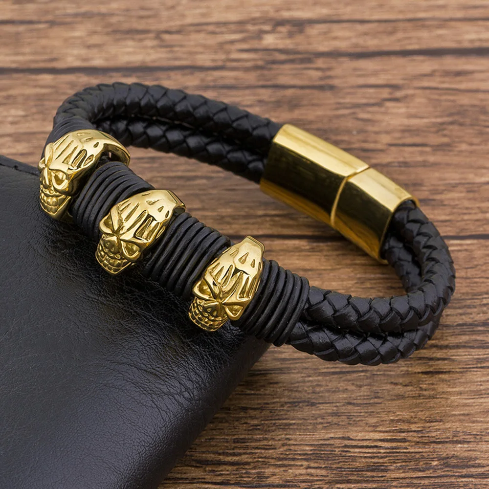 

TYO Fashion Charm Wholesale Accessories Leather Bracelet Men Jewelry Skull Stainless Steel Manetic Bangle Punk Wristband