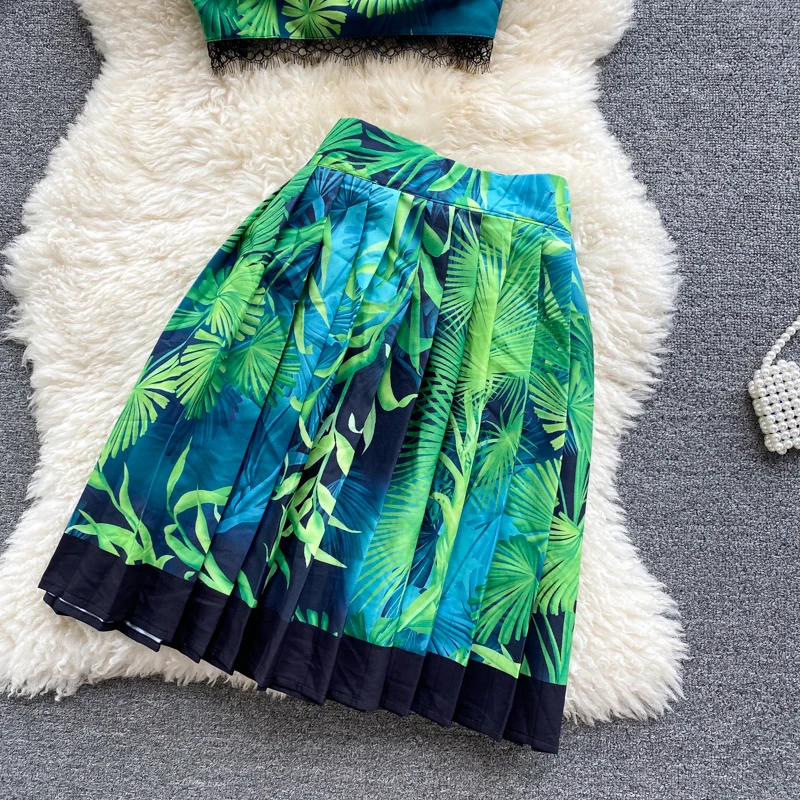 

Sexy Lace Off Shoulder Short Crop Top Folds Slim Floral High-Waisted Mini Skirt Fashion Beach Holiday Casual Suits With Skirt