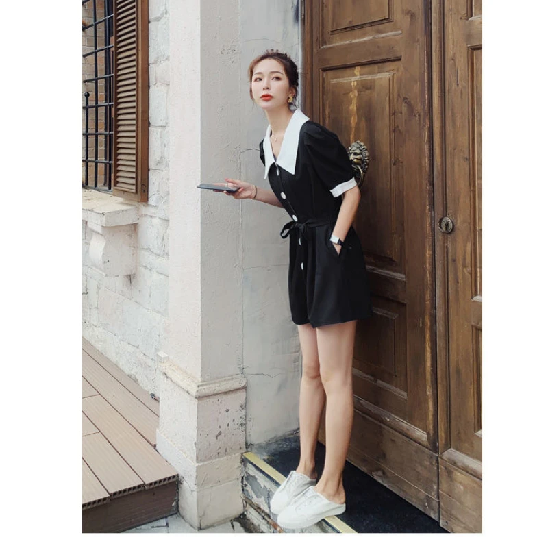 

Women 2021 Summer Elegant Sash Belt Playsuits Female Short Sleeve Buttons Romper Jumpsuit Ladies Fashion Casual Overalls U83