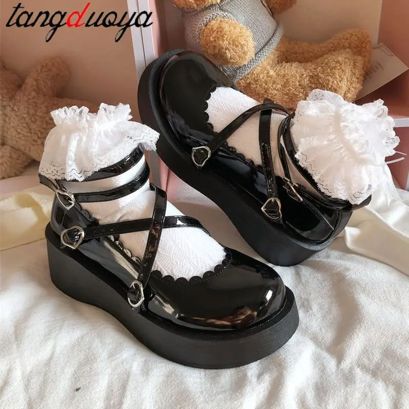

Women Shoes Sweet Lolita Shoes Platform Round Head Thick Heel Cross Bandage Kawaii Shoes Cosplay Mary Jane Shoes Heart Buckle