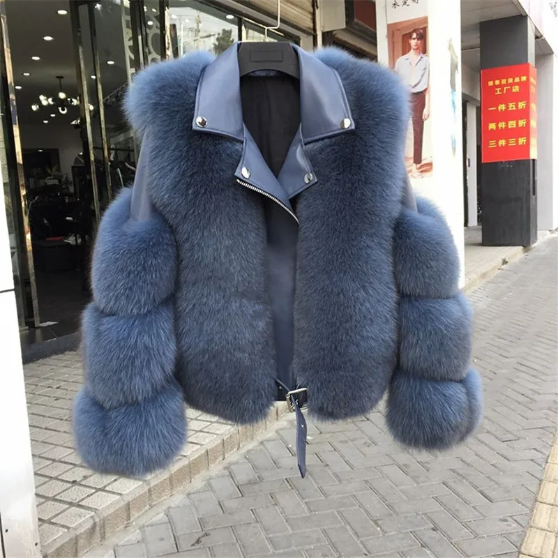 2022 Fashion Patchwork With Belt Winter Furry Women Real Sheep Leather Genuine Fox Fur Coat Short Jacket enlarge