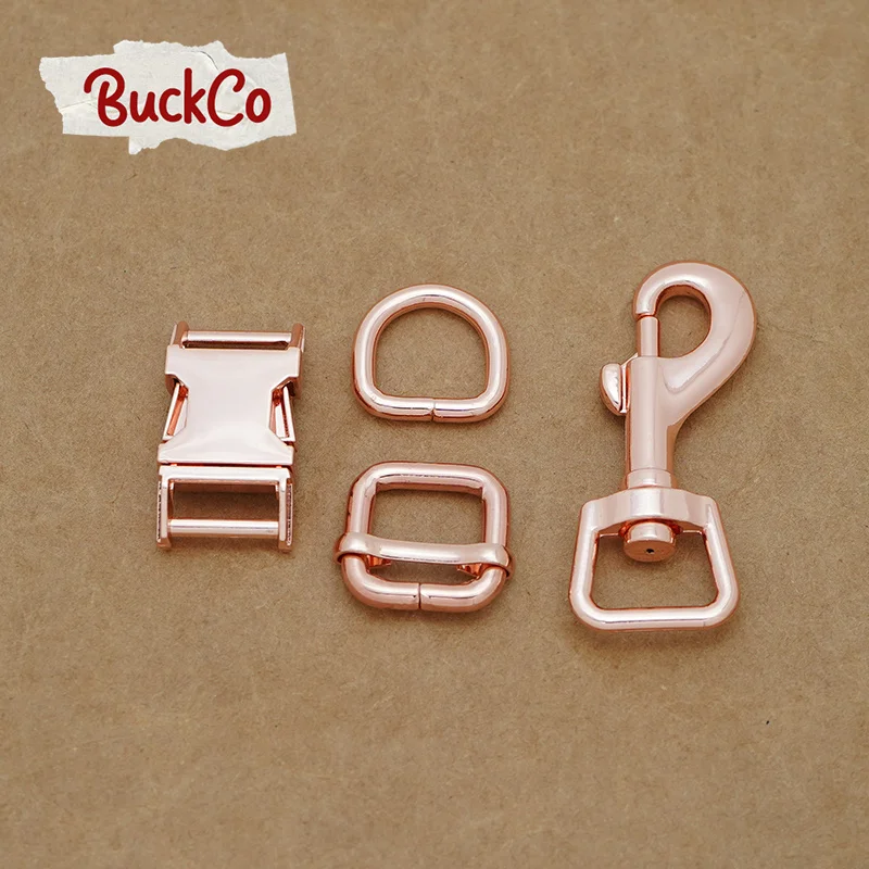 

15mm Rose Gold(metal buckle+adjust buckle+D ring+metal dog clasp/set)for DIY backpack dog Collar leash set harness accessories