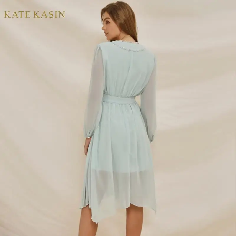 Kate Kasin модные женские туфли V образным вырезом Фонари голубого цвета с длинным