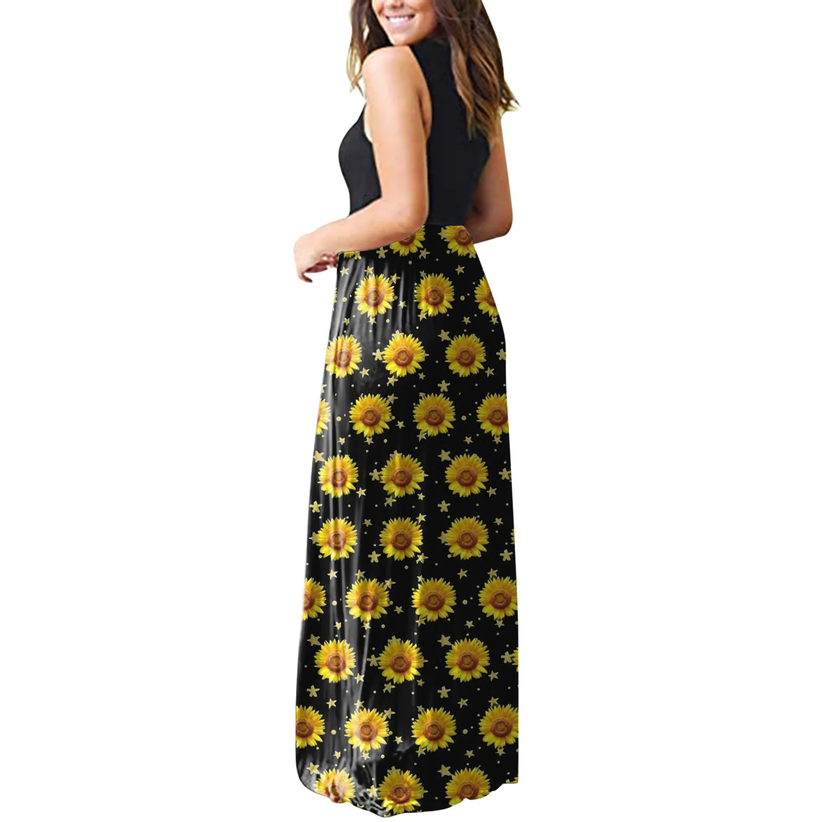 

40# Pleated Bohemian Straight Dress 2021 Sleeveless Pockets Casual Dress Floral Printing Long Loose Tank Sexy Maxi Dress Woman
