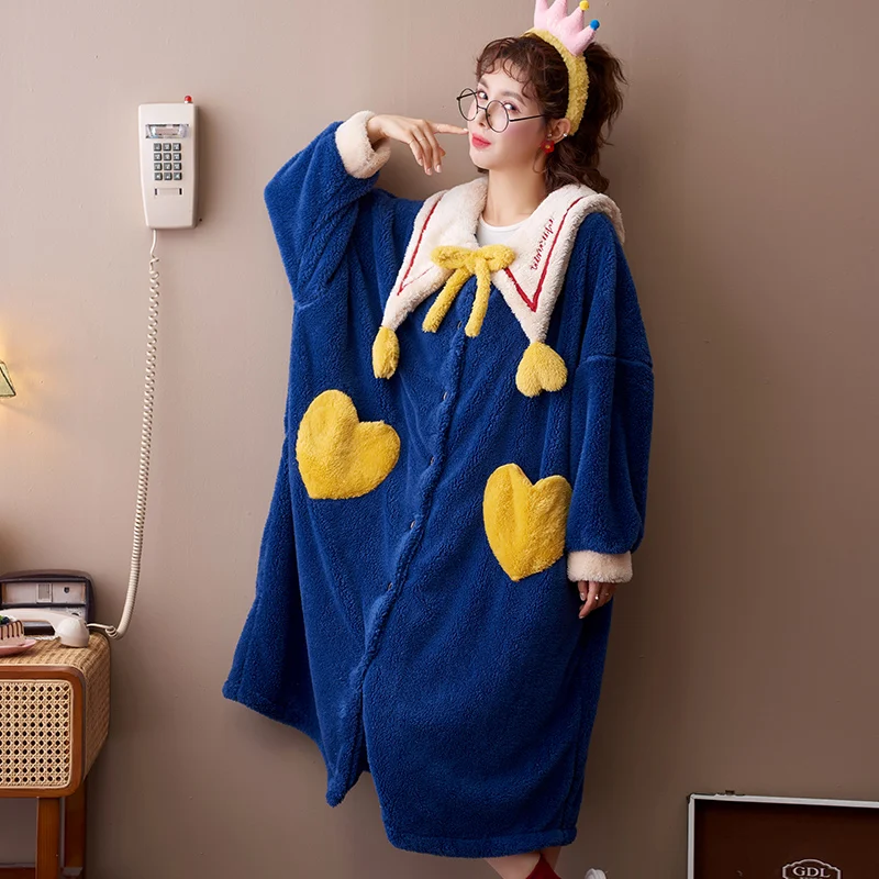 

Women Sleepwear Winter Pajamas Medium Style Plus Size Nightdress Coral Fleece Loose Version Inspissate Nightgown Flannel LONG