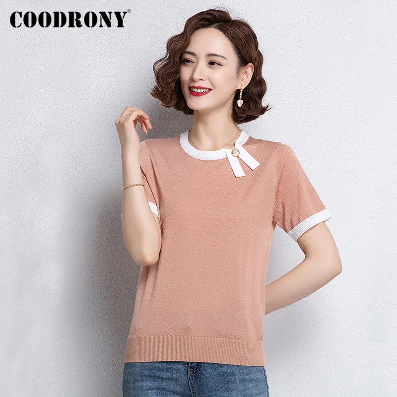 

COODRONY Brand Elegant Fashion Female Summer Knitted T-Shirts 2021 Business Casual Soft Slim Women's Solid Color Tops W5037S