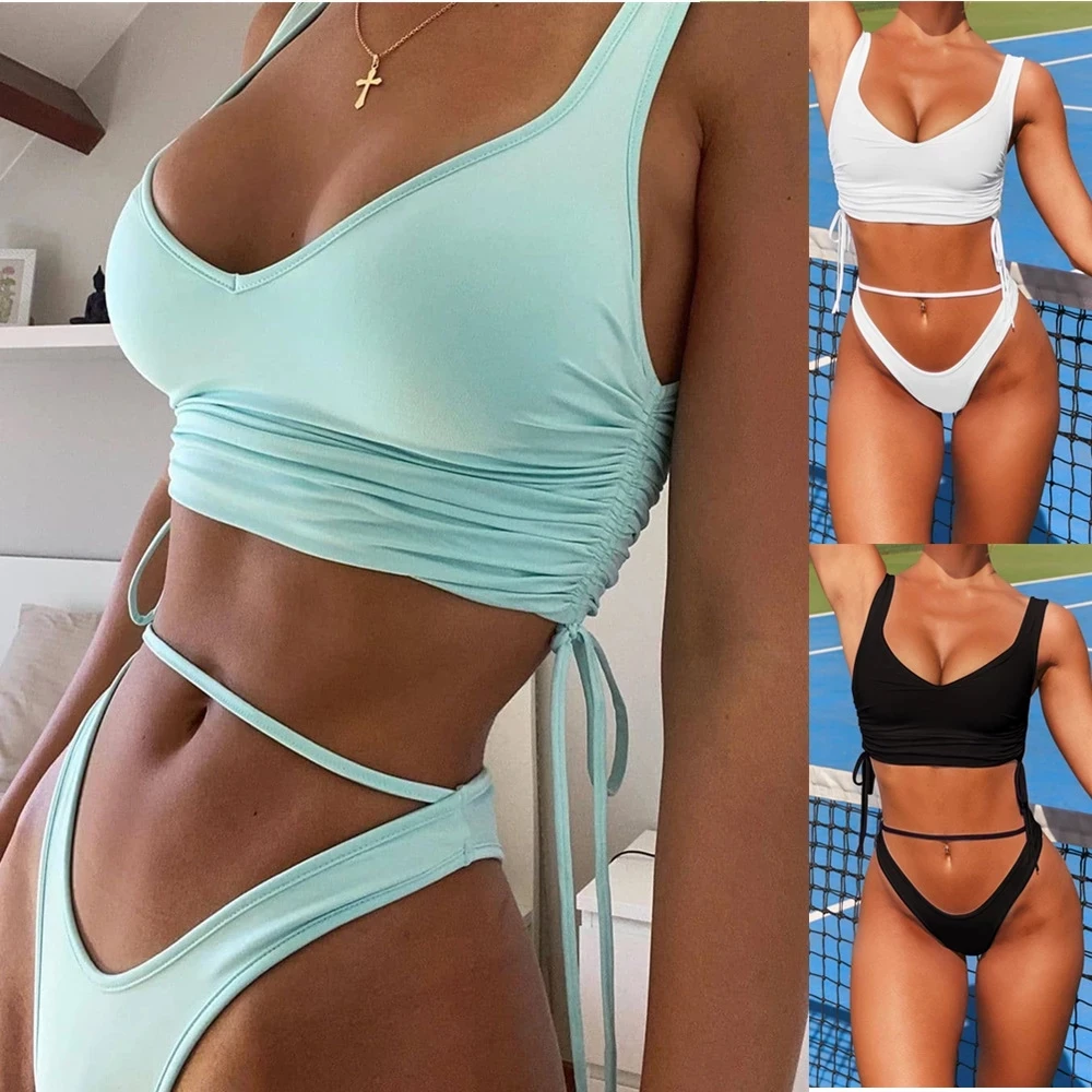 

2021 Summer New Sexy Women's Solid Color Bandage Bikini Beach Holiday Sports Two Piece Swimsuit bathing suit women sexy bikini