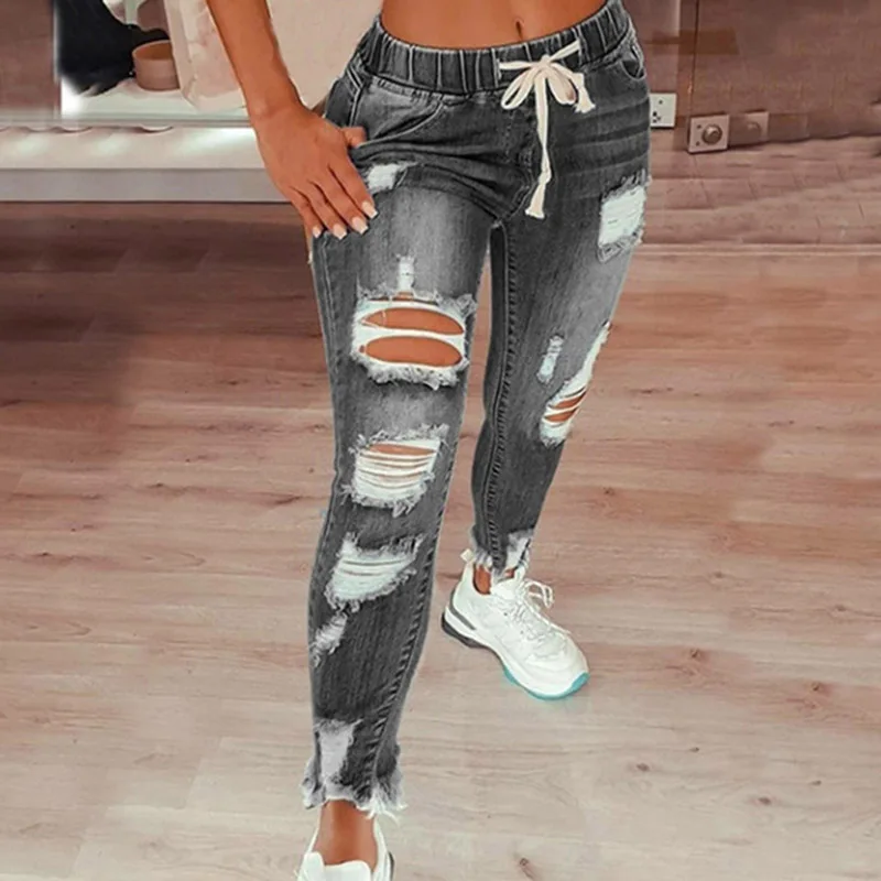 

2021 Hot Sale Drawstring Denim Jeans For Women Sexy Ripped Hole Stretch Jeans Jean Ladies Plus Size Full Length Pencil Pants
